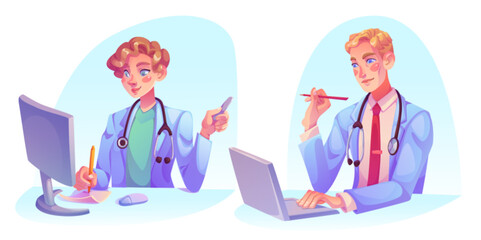 Doctor working at desk with computer. Cartoon vector illustration set of man and woman medical specialist in white clothes with stethoscope on neck sitting at table with laptop and pc monitor. - obrazy, fototapety, plakaty