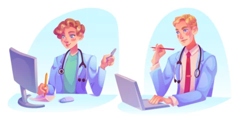 Tuinposter Doctor working at desk with computer. Cartoon vector illustration set of man and woman medical specialist in white clothes with stethoscope on neck sitting at table with laptop and pc monitor. © klyaksun