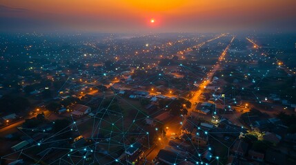Modern city skyline at night from above with light grid wireless data conncetivity concept for internet telecommunication