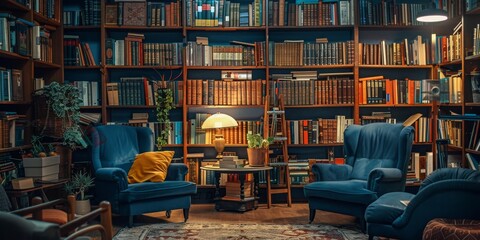 Obraz premium A library with two red chairs and a table