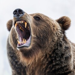 Fototapeta premium Intense close-up of a brown bear with open mouth showcasing teeth, conveying power and ferocity.