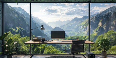 A large window office overlooking a mountain range with a desk and chair