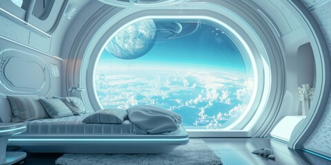 A room with two beds and a window that looks out to space