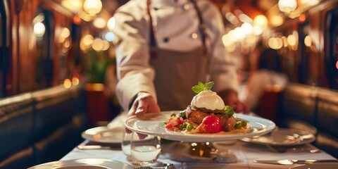 Fototapeta premium A man in a chef's hat is serving food to a table in a train