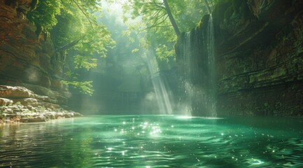 Fototapeta premium Emerald Haven: Waterfall in a Secluded Grotto