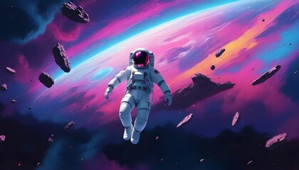 Astronaut explores space being desert planet. Astronaut space suit performing extra cosmic activity space against stars and planets background. Human space flight. - obrazy, fototapety, plakaty