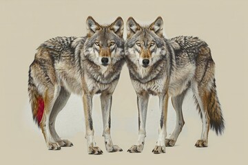 Two wolves on a beige background, digital illustration,  rendering