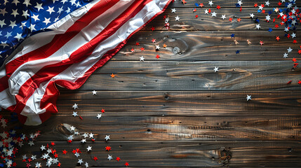 Celebrating Independence Day on July 4th. Background with American flag and old wooden boards with...