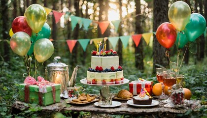 Outdoor birthday party in a forest with birthday presents and a large birthday cake with candles and balloons