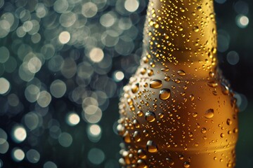 Bottle of beer with water drops on bokeh background