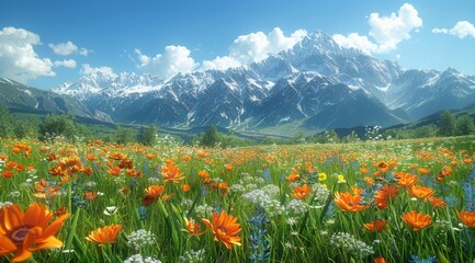 Alpine Splendor: Mountain Range Amidst Wildflowers - obrazy, fototapety, plakaty