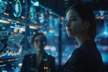 Fototapeta premium professional woman in a futuristic command center, surrounded by interactive holographic displays
