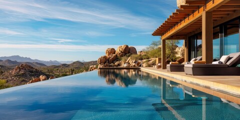 A pool with a view of the mountains and a tree