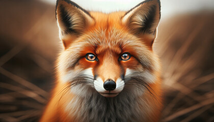A majestic red fox, with a sharp focus on its face, showcasing its vibrant orange fur and piercing blue eyes