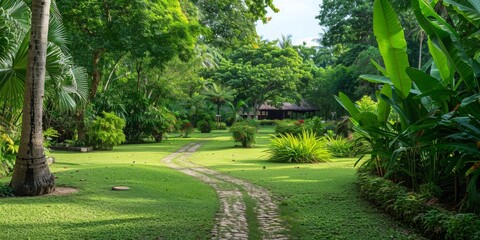 Naklejka premium A lush green lawn with a path leading through it