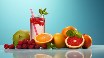 fruits and water bottles on a light blue background