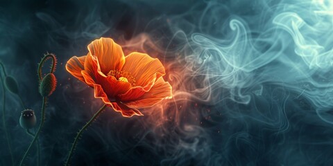 A red flower is surrounded by smoke and steam