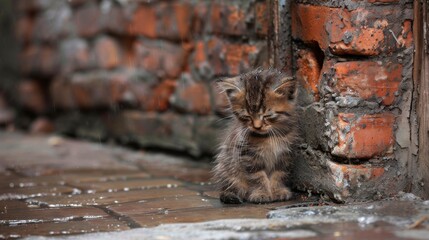 Lonely stray kitten seeking shelter  pet adoption and rescue for abandoned cats in need - obrazy, fototapety, plakaty