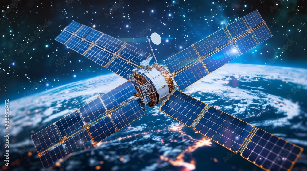 Poster cutting edge satellite with holographic data for advanced global communication and precise gps