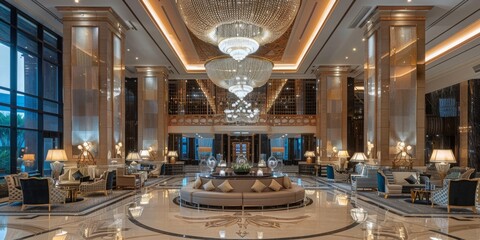 A large hotel lobby with a chandelier hanging from the ceiling