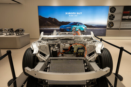 Shenzhen, Guangdong, China - Apr 8, 2024: The chassis of Xiaomi's new SU7 EV is displayed at Xiaomi Auto's delivery center in Shenzhen, Guangdong Province, China.