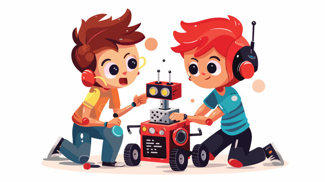 Two boy building robot on white background illustration