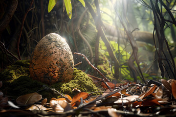 Dinosaur egg in nest and prehistoric forest with daylight beam