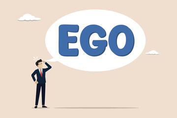 Big ego, overconfident boss, self-important mistake concept, overconfident businessman with big EGO bubble.