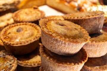 Fresh baked stuffed meat pies, Britisch pastries, snacks