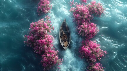 A serene scene from above, a boat with flowers navigating the tranquil interplay of hot and cold waters.
