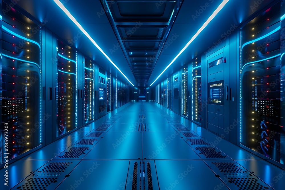 Poster a corridor of a modern data center with rows of high-tech server racks, illuminated by cool blue led
