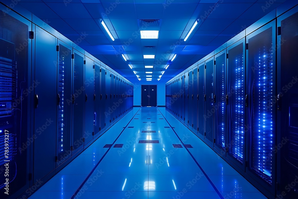 Poster a corridor of a modern data center with rows of high-tech server racks, illuminated by cool blue led