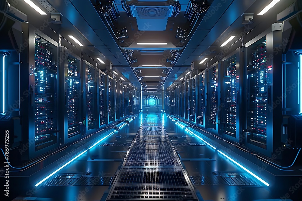 Poster a corridor of a modern data center with rows of high-tech server racks, illuminated by cool blue led