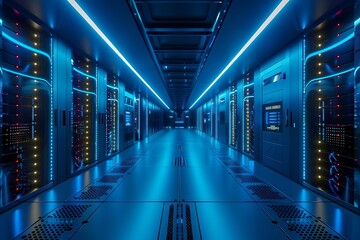 a corridor of a modern data center with rows of high-tech server racks, illuminated by cool blue LED lights.
