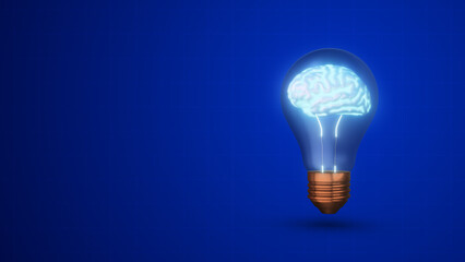 Glowing human brain in a lightbulb on a blue background