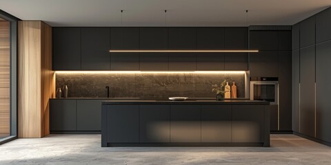 A modern kitchen with a black countertop and a black island