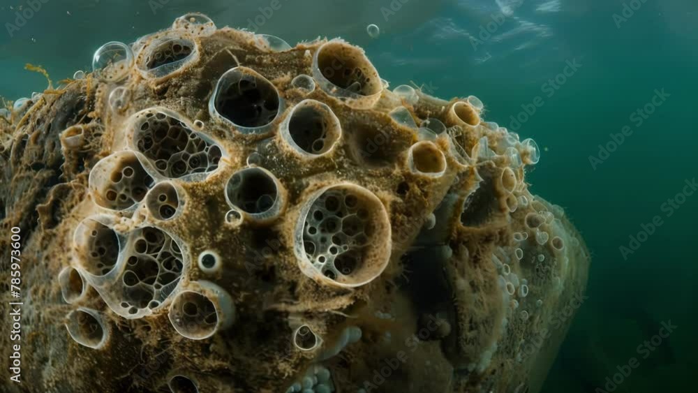 Poster an intricate network of rotifer colonies attached to a submerged rock their intricate structures rem