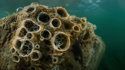 An intricate network of rotifer colonies attached to a submerged rock their intricate structures reminiscent of a miniature cityscape . AI generation.