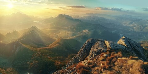 A beautiful mountain landscape with a large rock in the foreground