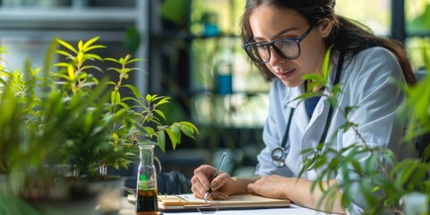 A woman in a lab coat is writing on a clipboard