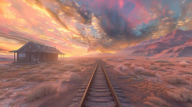 Desert Sunset Train Track with Dramatic Sky