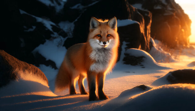 A striking of a red fox in a winter scene, captured at the golden hour. The fox is standing on fresh snow, with its rich orange fur