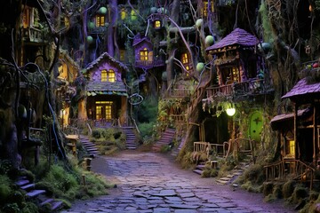 Halloween scene with haunted house in a spooky forest at night