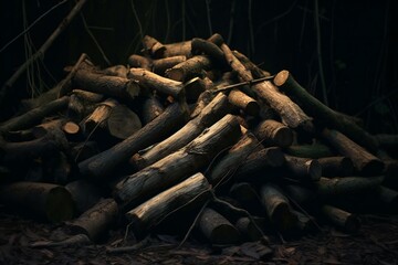 A pile of firewood in the forest,  Selective focus,  Toned