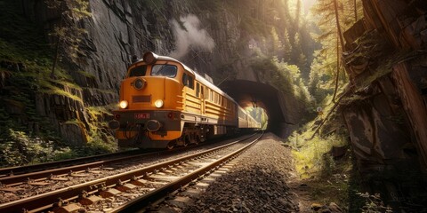 A train is traveling through a tunnel in the mountains