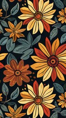 Bold Folk Art Floral Pattern on Dark Backdrop