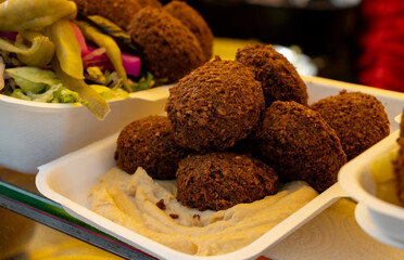 Chick pea falafel balls with potato purée, tasty street food, lunch, Israeli food