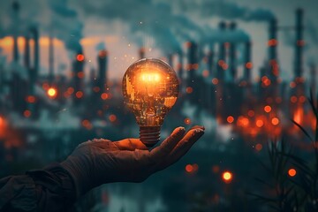 A hand holding a lit light bulb, digital icons, innovation and technology floating around it