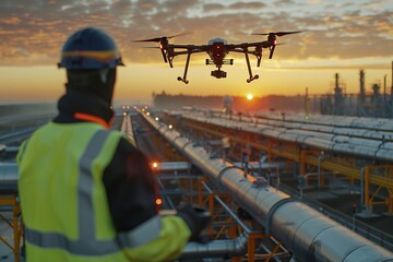 A drone flying over an industrial landscape with pipelines and structures, during early morning