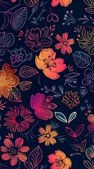 Fototapeta na wymiar Contemporary Neon Floral Pattern with Navy Background